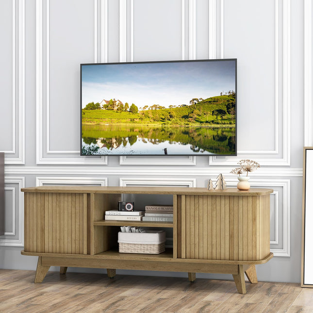 Dreamade TV Stand for 55-Inch TV, Entertainment Center with Dual Sliding Doors, Enclosed Cabinets, Adjustable Shelf