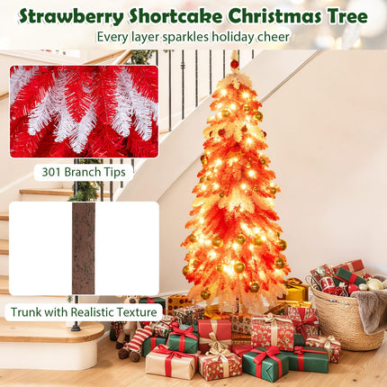 5 FT Artificial Christmas Tree Pre-lit Xmas Trees with 301 Red and White Branch Tips