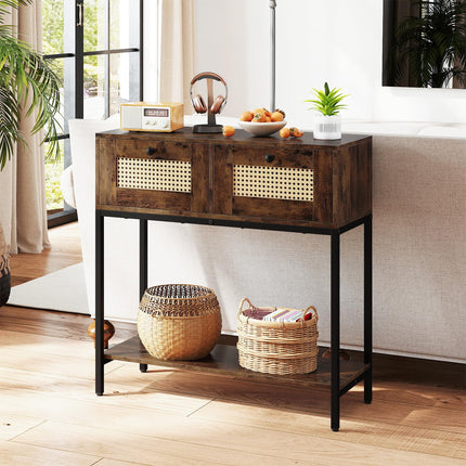 Dreamade Rattan Console Table 32" Boho Entryway Table with 2 Drawers