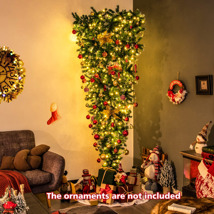 Dreamade 7.5ft Pre-lit Upside Down Christmas Tree, Hinged Inverted Artificial Xmas Tree W/ 1100 Snowy Branch Tips - DreamadeUS