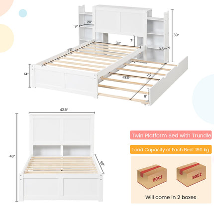 Dreamade Full Bed Frame with Twin Trundle, Wooden Bed Wooden Bed Frame with 2 Rolling Bookcases & High Headboard