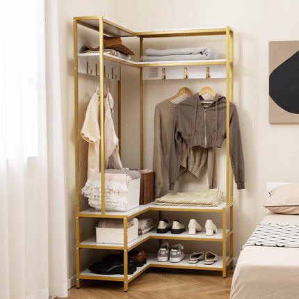 Dreamade Corner Coat Rack with Shoe Bench, L-shaped Garment Rack with 5 Shelves & 7 Hooks