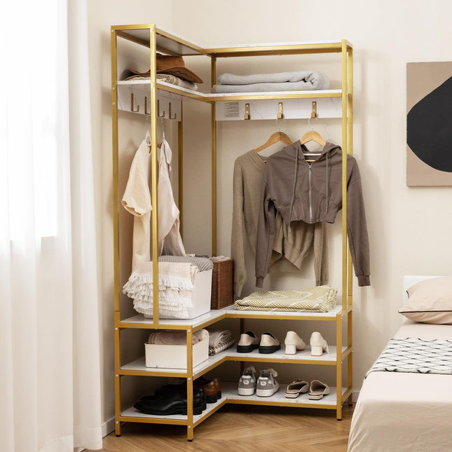 Dreamade Corner Coat Rack with Shoe Bench, L-shaped Garment Rack with 5 Shelves & 7 Hooks