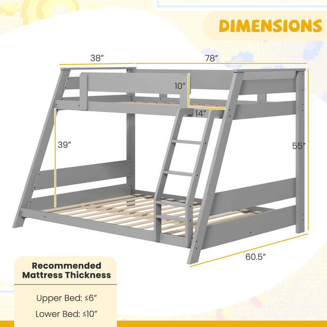 Dreamade Wood Bunk Beds Twin Over Full Size, Solid Wood Floor Low Bunk Bed w/Removable Ladder