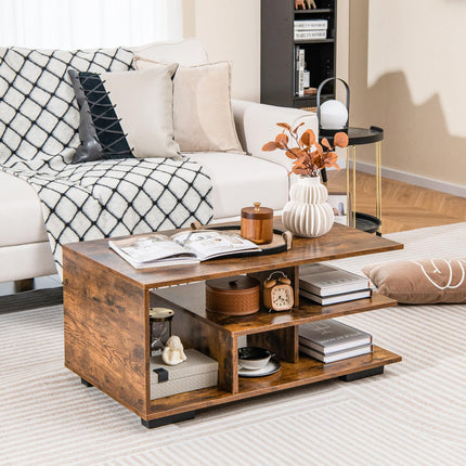 Dreamade Coffee Table with Storage, Modern Rectangular Accent Table with L-shaped Middle Shelf