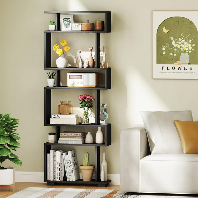 Dreamade 6-Tier Geometric Bookcase Set of 1/2 64" Tall S-Shaped Bookshelf