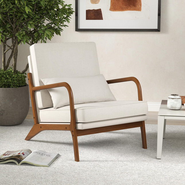 Dreamade Mid Century Modern Accent Chair, Upholstered Armchair with Pillow, Rubber Wood Armrests & Legs