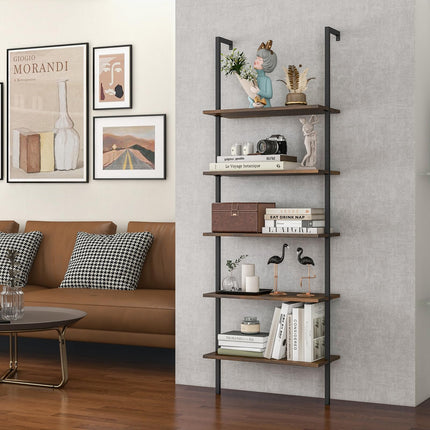 Dreamade 5 Tier Modern Wall Mounted Bookshelf, 71'' White and Gold Wood Bookcase with Steel Frame