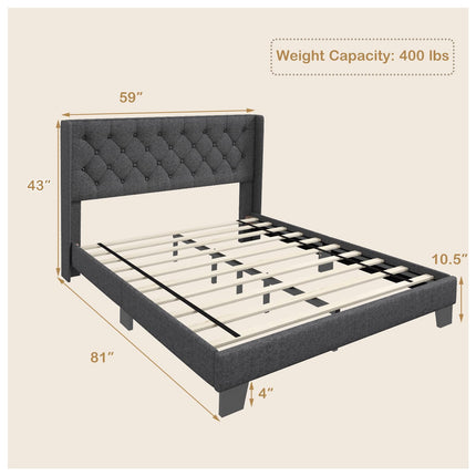 Dreamade Queen/Full/Twin Size Bed Frame with Button Tufted Headboard, Modern Fabric Upholstered Platform Bed with Wingback Design, Grey