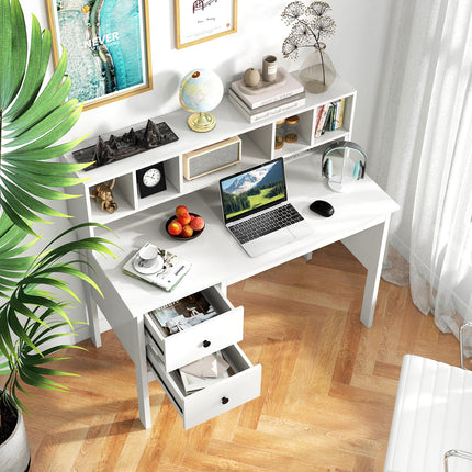 Dreamade White Desk with Drawers and Power Outlet, 48" Home Office Computer Desk with 5-Cubby Hutch