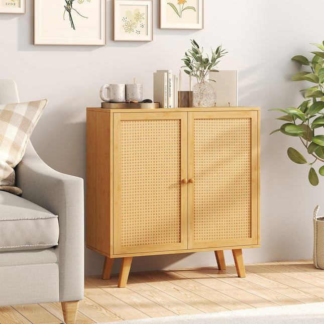 Dreamade 2 Tier Bamboo Sideboard with PE Rattan Decorated Doors