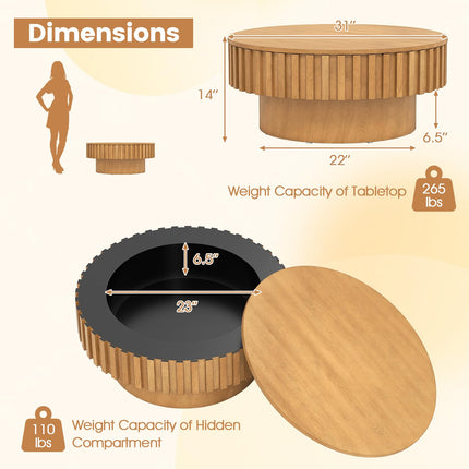 Dreamade Round Coffee Table with Storage | Modern Drum Fluted Center Table with Solid Wood Veneered