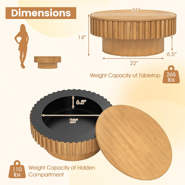 Dreamade Round Coffee Table with Storage | Modern Drum Fluted Center Table with Solid Wood Veneered