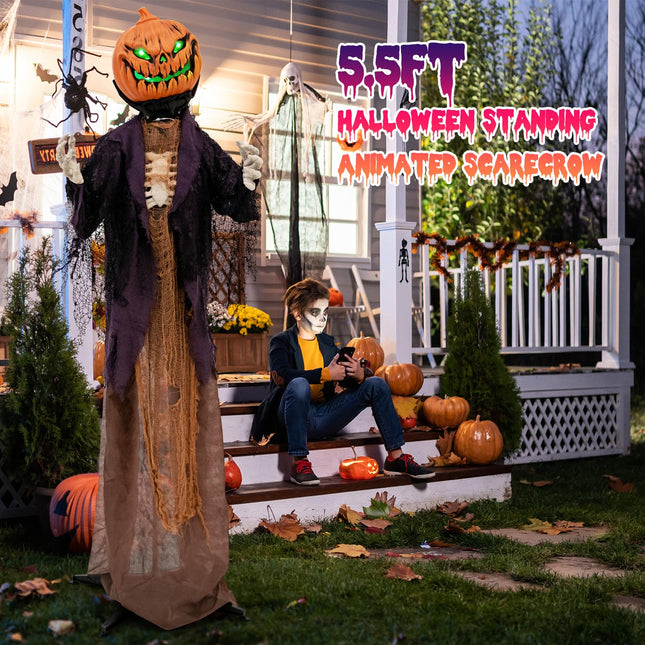 DREAMADE Halloween 5.6FT Sound Activated Pumpkin Man with Green LED Eyes