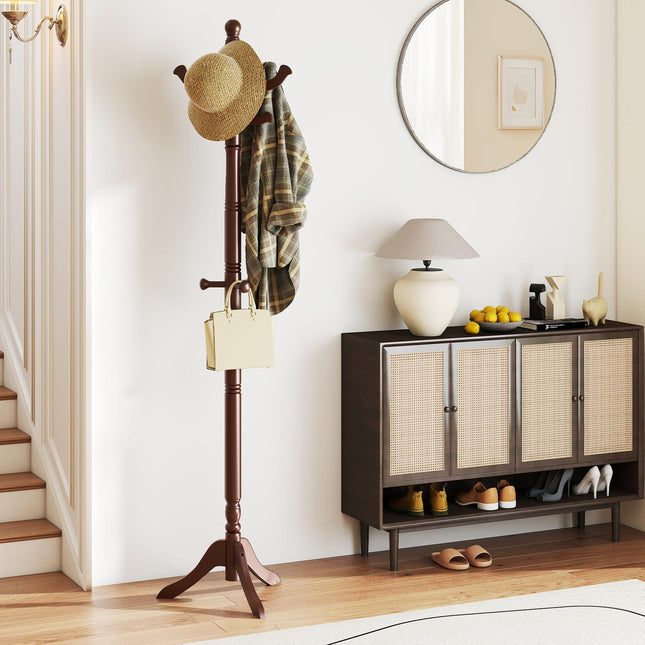 Dreamade Solid Wood Coat Rack Freestanding Hall Tree with 3 Adjustable Heights and 11 Hooks