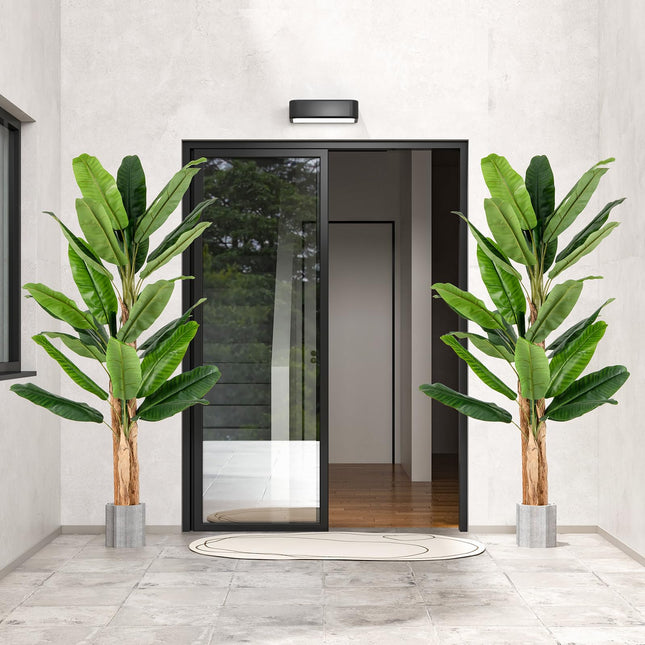Dreamade 6.5 FT Tall Artificial Banana Tree, Fake Banana Tree w/ 27 Large Leaves, Triple Stalks, Natural Bark