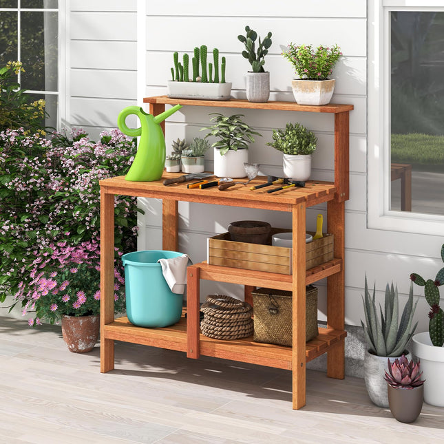 Dreamade 4-Tier Potting Bench, Solid Wood Gardening Workstation w/Open Storage Shelves