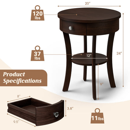 Dreamade Round End Table with Drawer, 2-Tier Wood Side Table w/Open Shelf