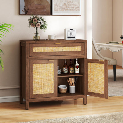 Dreamade Sideboard Buffet Cabinet Rustic Rattan Storage Cabinet w/ 2 Doors