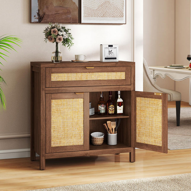 Dreamade Sideboard Buffet Cabinet Rustic Rattan Storage Cabinet w/ 2 Doors