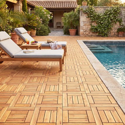 Dreamade 12" x 12" Acacia Wood Interlocking Patio Flooring Tiles with Drainage Base