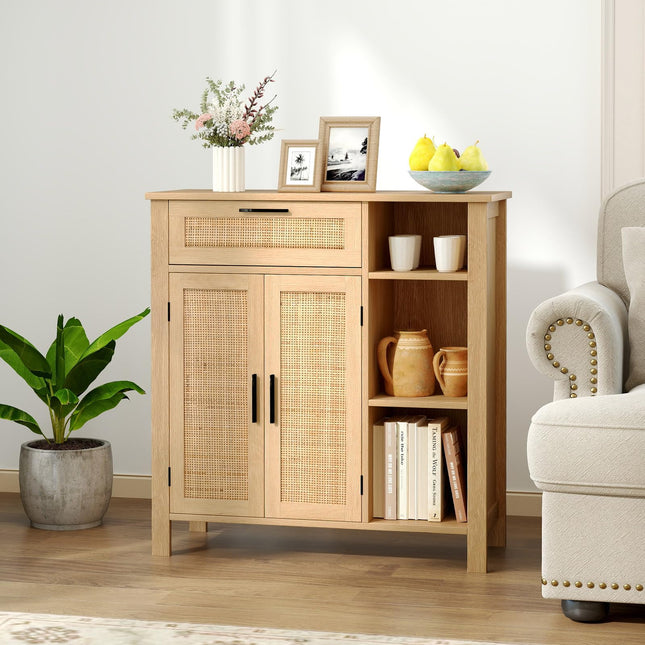 Dreamade Buffet Cabinet with 2 Doors, Drawer 3 Open Cubbies Adjustable Shelf (Natural)