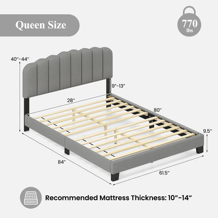 Dreamade Queen Bed Frame Linen Upholstered Platform Bed with Adjustable Scalloped Tufted Headboard