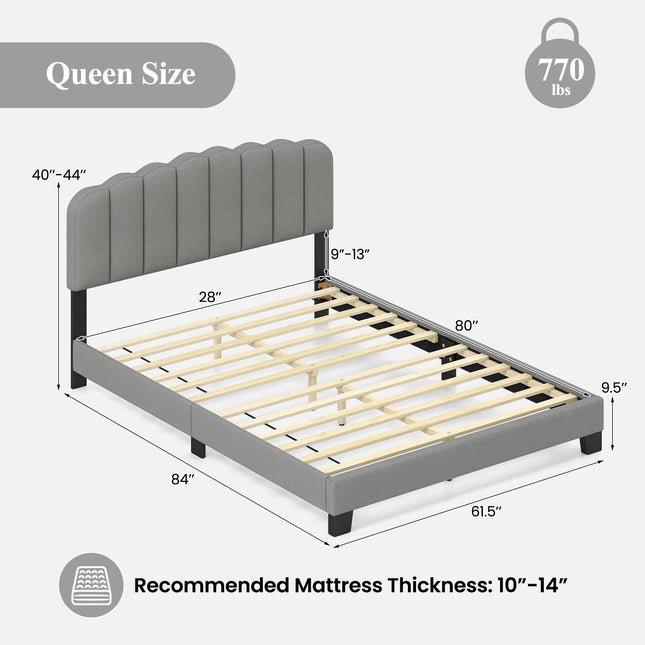 Dreamade Queen Bed Frame Linen Upholstered Platform Bed with Adjustable Scalloped Tufted Headboard