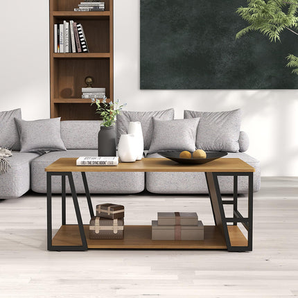 Dreamade Rectangle Coffee Table 2-tier Industrial Accent Table with Storage Shelf and Compartment