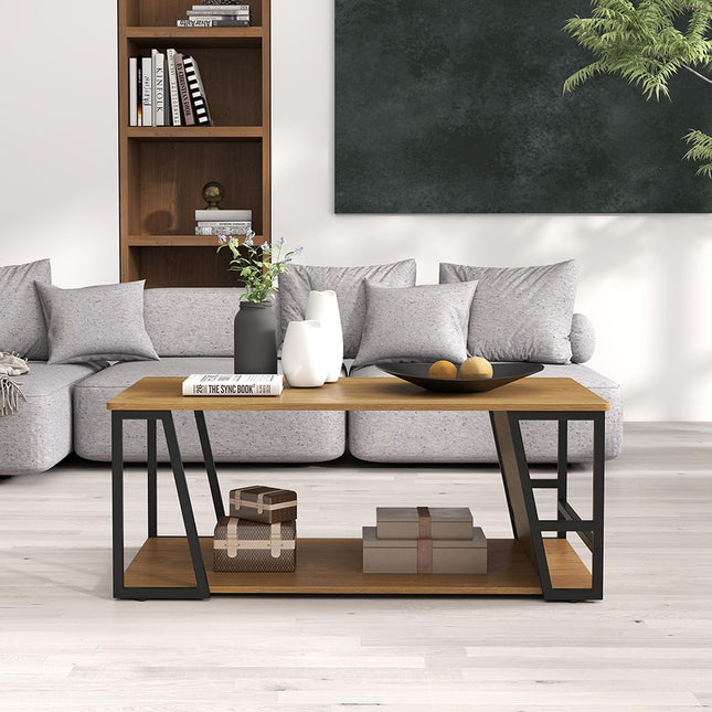 Dreamade Rectangle Coffee Table 2-tier Industrial Accent Table with Storage Shelf and Compartment