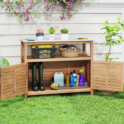 Dreamade Outdoor Potting Bench Acacia Wood Large Planting Workstation with 2-Door Storage Cabinet