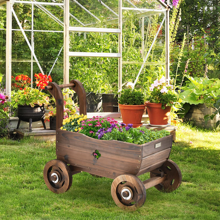 Dreamade Wooden Wagon Planter Raised Bed on Wheels, Handle, Drainage Hole