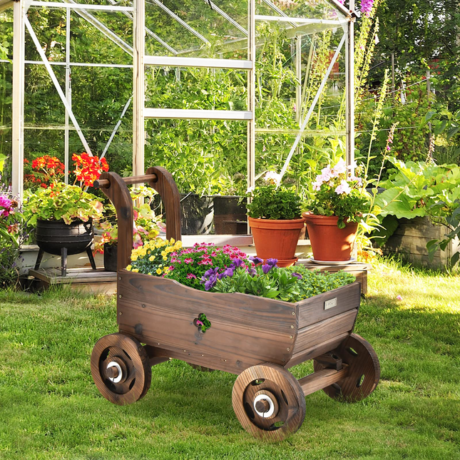 Dreamade Wooden Wagon Planter Raised Bed on Wheels, Handle, Drainage Hole
