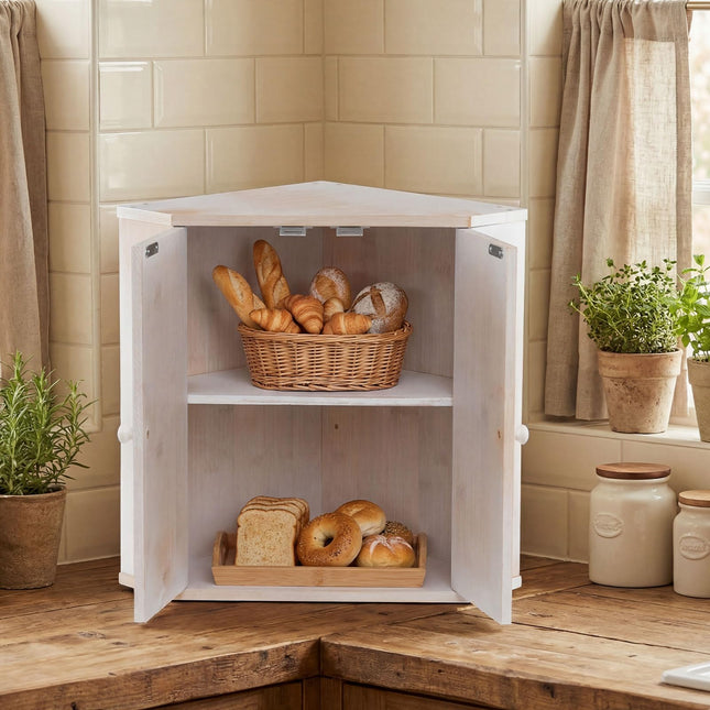 Dreamade Corner Bread Box for Kitchen Countertop | Bamboo Wood Storage Bin with 2-Tier Pantry Shelves