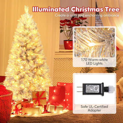 Dreamade 5ft / 6ft / 7 ft Pre-Lit Silver Tinsel Christmas Tree with Warm White LED Lights