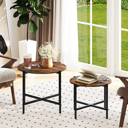 Dreamade Round Coffee Table Set of 2, Nesting Tables with Metal Frame, Imitated Wood Grain Top