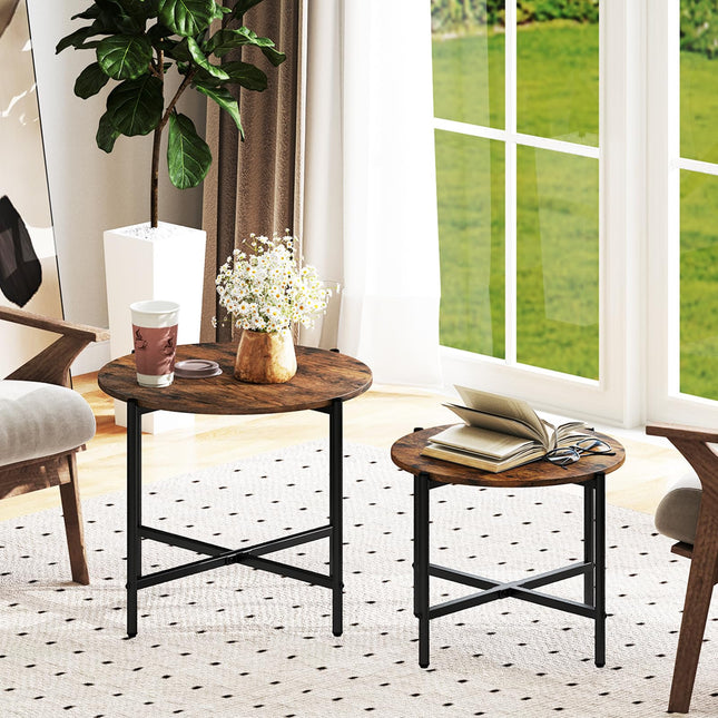 Dreamade Round Coffee Table Set of 2, Nesting Tables with Metal Frame, Imitated Wood Grain Top
