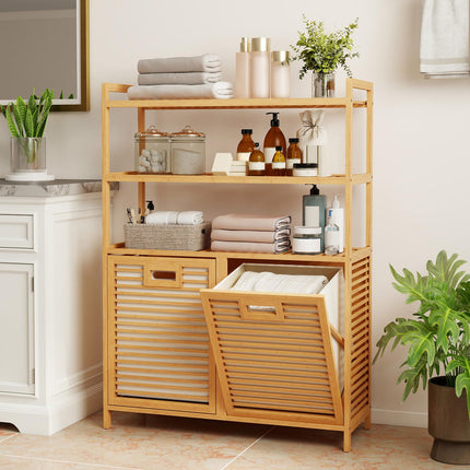 Dreamade Double Tilt Out 14 Gal Bamboo Laundry Hamper with 3-Tier Storage Shelf