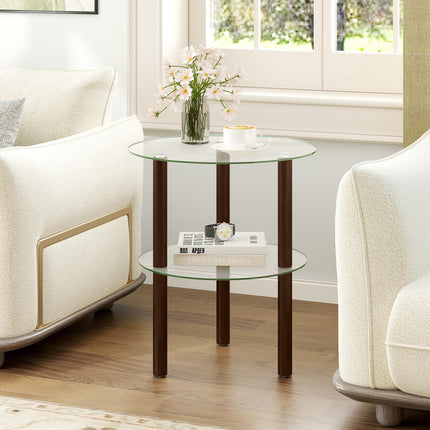 Dreamade Round/Square 2-Tier Sofa Side Table with Clear Tempered Glass Top & Shelf (1/2)