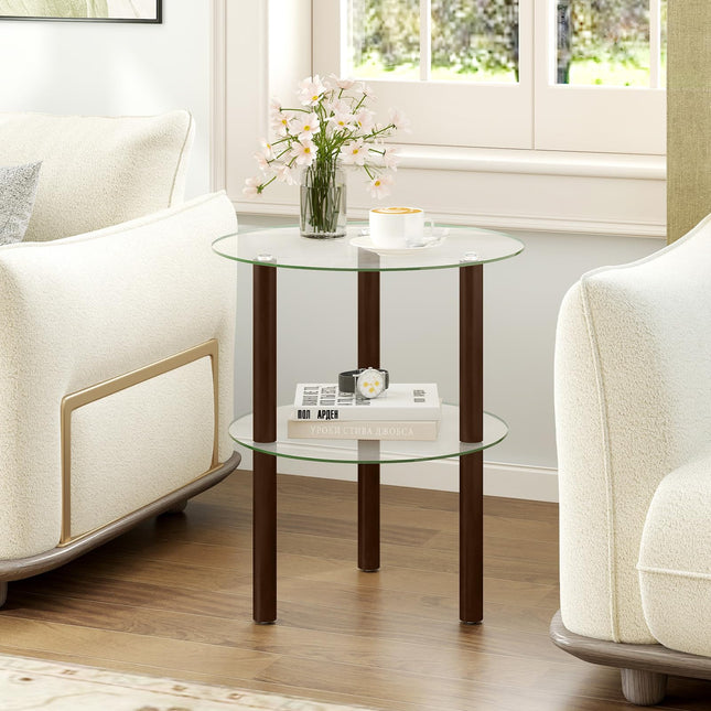 Dreamade Round/Square 2-Tier Sofa Side Table with Clear Tempered Glass Top & Shelf (1/2)