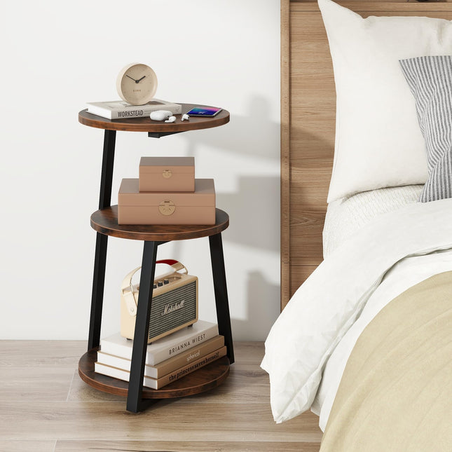 Dreamade Round End Table, Industrial Side Table with Sturdy Metal Frame, Coffee Table, 3-Tier Bedside Table for Bedroom, Living Room