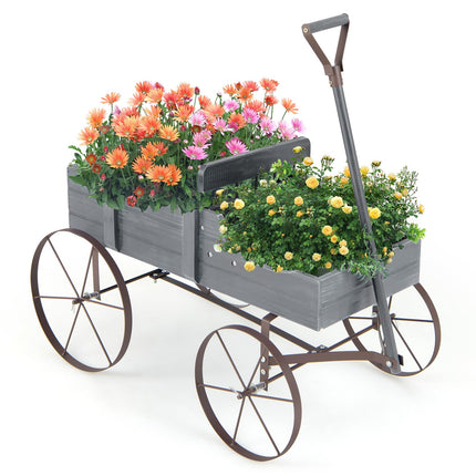 Dreamade Decorative Garden Planter, Small Wagon Cart with Metal Wheels, Wood Raised Beds Plant Pot Stand for Backyard Garden Patio 24.5"x13.5"x24"