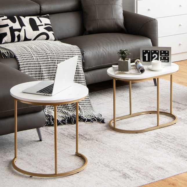 Dreamade Modern Nesting Coffee Table Set of 2, Accent Marble Look Stacking Side Table for Living Room Bedroom