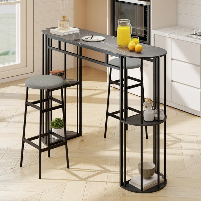 Dreamade 60 Inches Bar Table for 2-4 with Faux Marble Tabletop and Storage Shelves