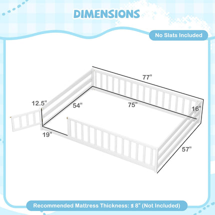Dreamade Floor Bed with Door & Fence Kids Wood Montessori Beds with Safety Guardrails