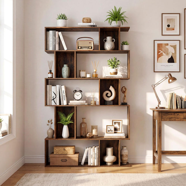Dreamade Geometric Bookshelf 5-Tier Bookcase with Open Shelves and Closed-back Cubes