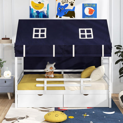 Dreamade Twin House Bed with Tent, Wood Kids Bed with 2 Storage Drawers, Solid Wood Daybed Frame with Rails and Roof