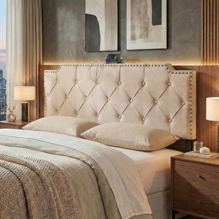 Dreamade Headboard for Queen and Full Size Bed | Rivet Tufted Upholstered Head Board w/ 2 AC Outlets