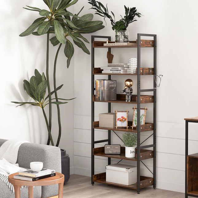 Dreamade Industrial 6-Tier Bookshelf, 70" Tall Freestanding Storage Display Shelf with 4 Hooks