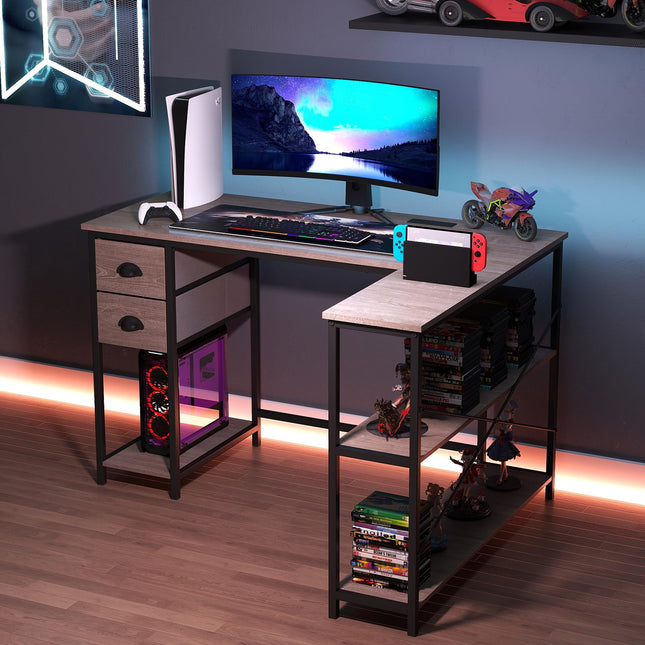 Dreamade 48" L Shaped Desk with Charging Station & 2 Fabric Drawers